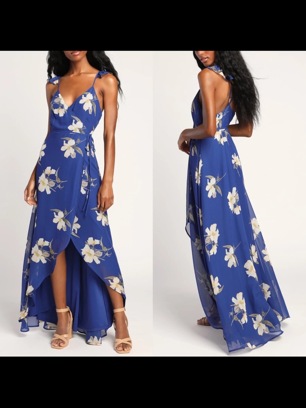 Lulus All Mine Cobalt‎ Blue Floral Print Wrap Maxi Dress Women Small New